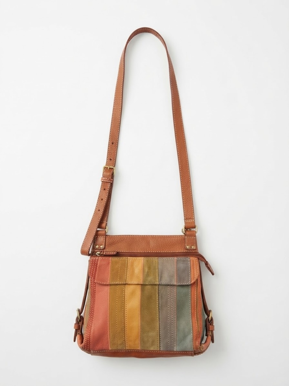 Leather Multi-Stripe Crossbody Bag in Tan and Earth Tones
